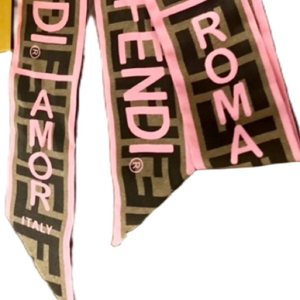 Pink Fendi Roma Silk Scarf Twilly Ribbon Scarf